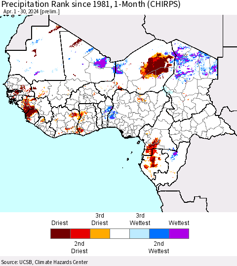 Western Africa Precipitation Rank since 1981, 1-Month (CHIRPS) Thematic Map For 4/1/2024 - 4/30/2024