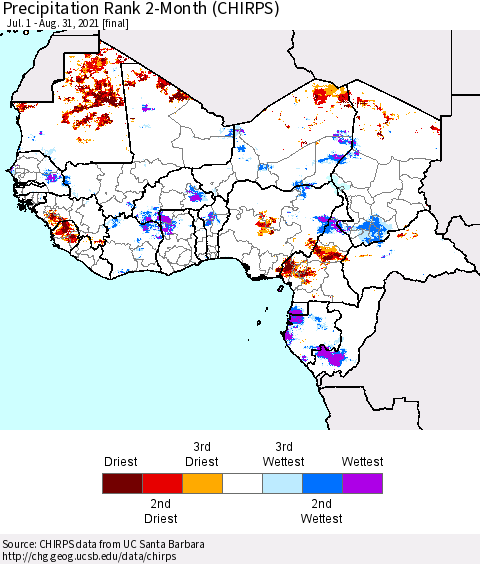 Western Africa Precipitation Rank since 1981, 2-Month (CHIRPS) Thematic Map For 7/1/2021 - 8/31/2021