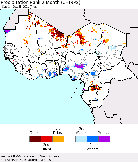 Western Africa Precipitation Rank since 1981, 2-Month (CHIRPS) Thematic Map For 9/1/2021 - 10/31/2021