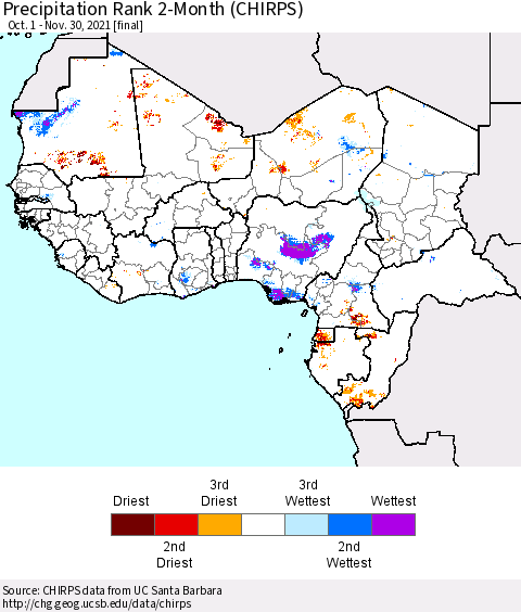 Western Africa Precipitation Rank since 1981, 2-Month (CHIRPS) Thematic Map For 10/1/2021 - 11/30/2021