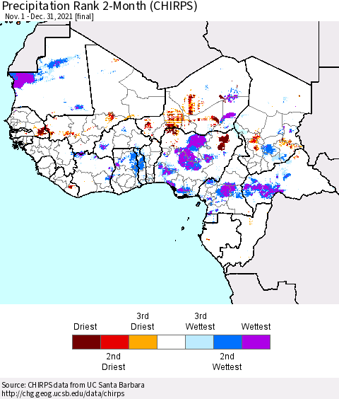 Western Africa Precipitation Rank since 1981, 2-Month (CHIRPS) Thematic Map For 11/1/2021 - 12/31/2021