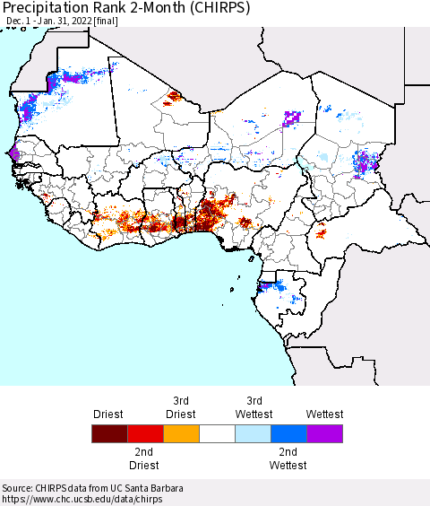 Western Africa Precipitation Rank since 1981, 2-Month (CHIRPS) Thematic Map For 12/1/2021 - 1/31/2022