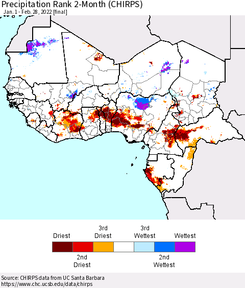 Western Africa Precipitation Rank since 1981, 2-Month (CHIRPS) Thematic Map For 1/1/2022 - 2/28/2022