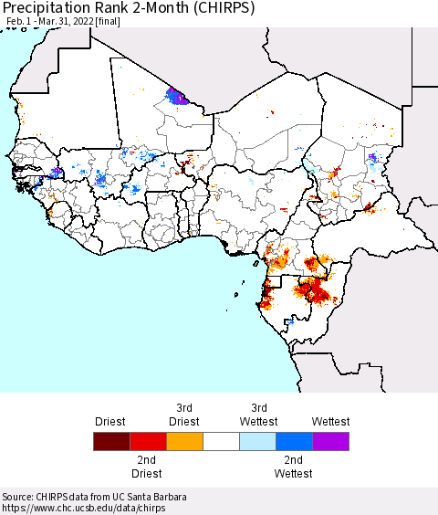 Western Africa Precipitation Rank since 1981, 2-Month (CHIRPS) Thematic Map For 2/1/2022 - 3/31/2022