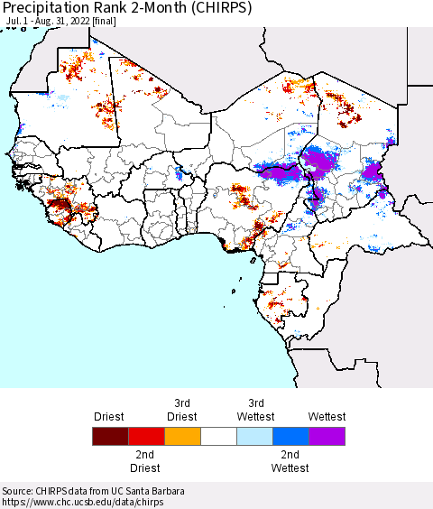 Western Africa Precipitation Rank since 1981, 2-Month (CHIRPS) Thematic Map For 7/1/2022 - 8/31/2022