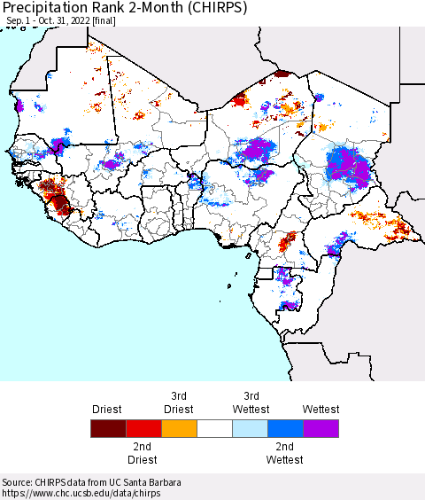 Western Africa Precipitation Rank since 1981, 2-Month (CHIRPS) Thematic Map For 9/1/2022 - 10/31/2022