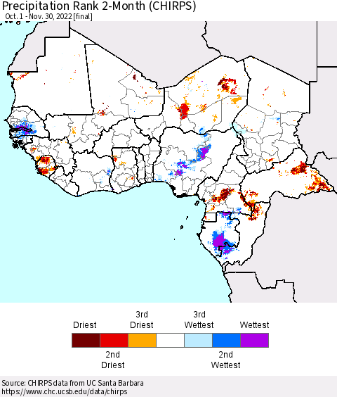 Western Africa Precipitation Rank since 1981, 2-Month (CHIRPS) Thematic Map For 10/1/2022 - 11/30/2022