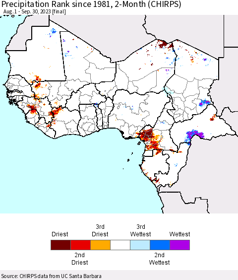 Western Africa Precipitation Rank since 1981, 2-Month (CHIRPS) Thematic Map For 8/1/2023 - 9/30/2023