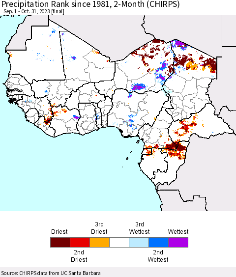 Western Africa Precipitation Rank since 1981, 2-Month (CHIRPS) Thematic Map For 9/1/2023 - 10/31/2023