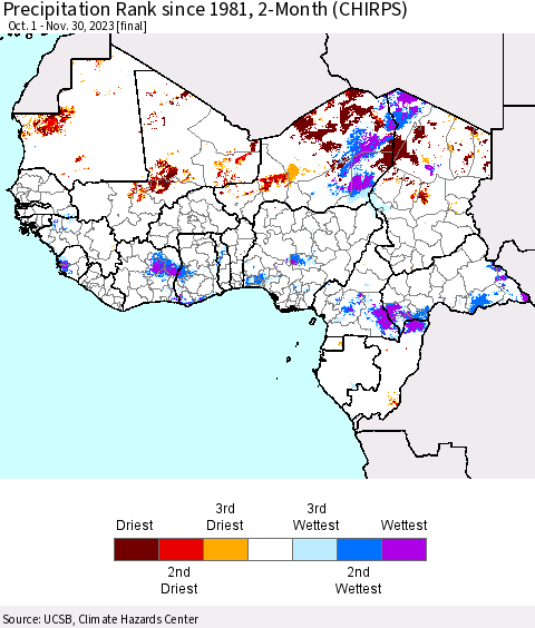 Western Africa Precipitation Rank since 1981, 2-Month (CHIRPS) Thematic Map For 10/1/2023 - 11/30/2023
