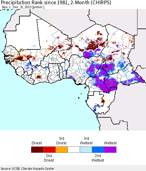 Western Africa Precipitation Rank since 1981, 2-Month (CHIRPS) Thematic Map For 11/1/2023 - 12/31/2023
