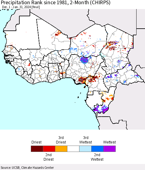 Western Africa Precipitation Rank since 1981, 2-Month (CHIRPS) Thematic Map For 12/1/2023 - 1/31/2024