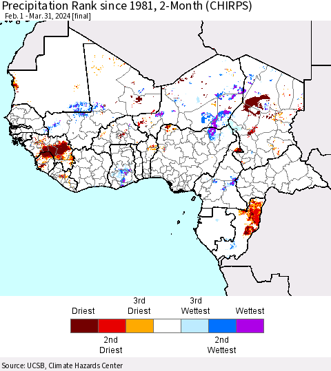 Western Africa Precipitation Rank since 1981, 2-Month (CHIRPS) Thematic Map For 2/1/2024 - 3/31/2024
