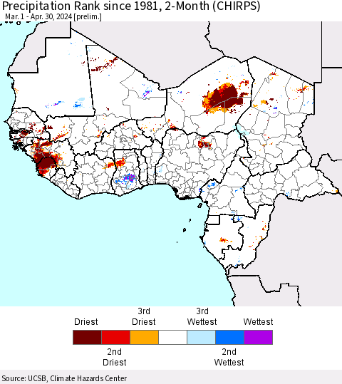 Western Africa Precipitation Rank since 1981, 2-Month (CHIRPS) Thematic Map For 3/1/2024 - 4/30/2024