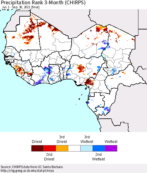 Western Africa Precipitation Rank since 1981, 3-Month (CHIRPS) Thematic Map For 7/1/2021 - 9/30/2021