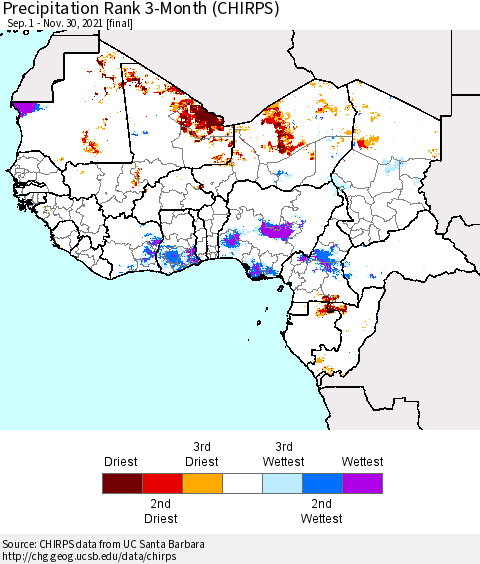 Western Africa Precipitation Rank since 1981, 3-Month (CHIRPS) Thematic Map For 9/1/2021 - 11/30/2021