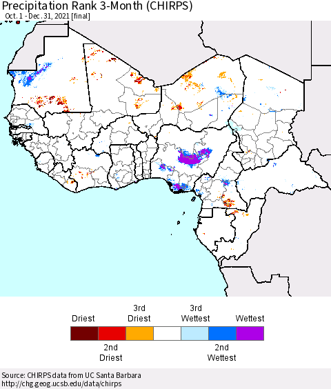 Western Africa Precipitation Rank since 1981, 3-Month (CHIRPS) Thematic Map For 10/1/2021 - 12/31/2021