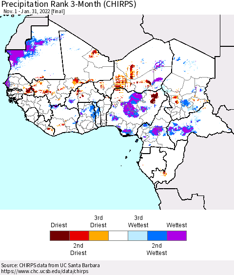 Western Africa Precipitation Rank since 1981, 3-Month (CHIRPS) Thematic Map For 11/1/2021 - 1/31/2022