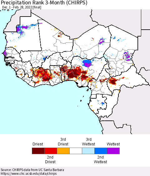 Western Africa Precipitation Rank since 1981, 3-Month (CHIRPS) Thematic Map For 12/1/2021 - 2/28/2022