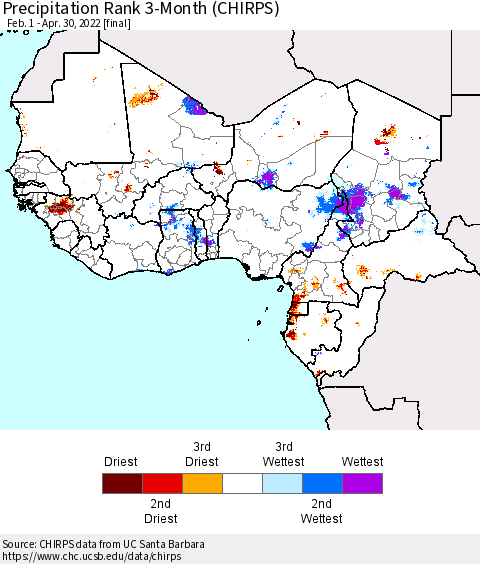 Western Africa Precipitation Rank since 1981, 3-Month (CHIRPS) Thematic Map For 2/1/2022 - 4/30/2022