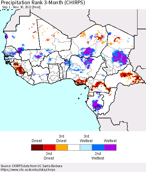 Western Africa Precipitation Rank since 1981, 3-Month (CHIRPS) Thematic Map For 9/1/2022 - 11/30/2022