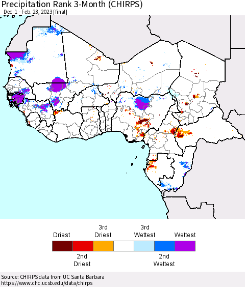 Western Africa Precipitation Rank since 1981, 3-Month (CHIRPS) Thematic Map For 12/1/2022 - 2/28/2023