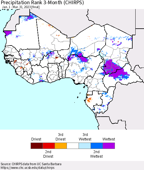 Western Africa Precipitation Rank since 1981, 3-Month (CHIRPS) Thematic Map For 1/1/2023 - 3/31/2023
