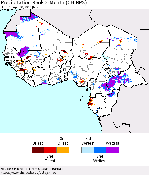 Western Africa Precipitation Rank since 1981, 3-Month (CHIRPS) Thematic Map For 2/1/2023 - 4/30/2023
