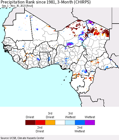 Western Africa Precipitation Rank since 1981, 3-Month (CHIRPS) Thematic Map For 9/1/2023 - 11/30/2023
