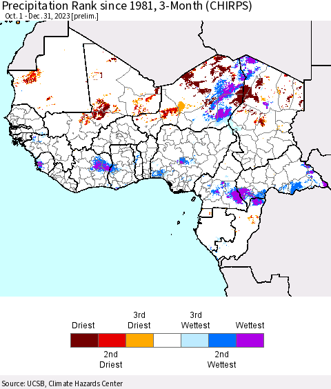 Western Africa Precipitation Rank since 1981, 3-Month (CHIRPS) Thematic Map For 10/1/2023 - 12/31/2023