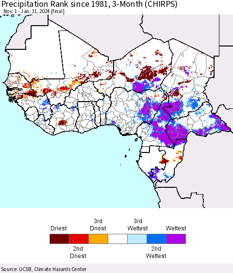 Western Africa Precipitation Rank since 1981, 3-Month (CHIRPS) Thematic Map For 11/1/2023 - 1/31/2024