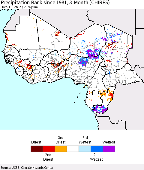 Western Africa Precipitation Rank since 1981, 3-Month (CHIRPS) Thematic Map For 12/1/2023 - 2/29/2024