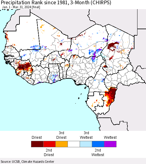 Western Africa Precipitation Rank since 1981, 3-Month (CHIRPS) Thematic Map For 1/1/2024 - 3/31/2024