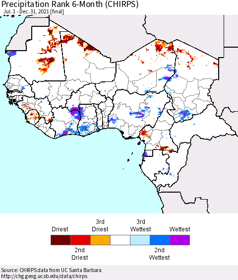 Western Africa Precipitation Rank since 1981, 6-Month (CHIRPS) Thematic Map For 7/1/2021 - 12/31/2021