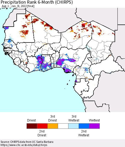 Western Africa Precipitation Rank since 1981, 6-Month (CHIRPS) Thematic Map For 8/1/2021 - 1/31/2022