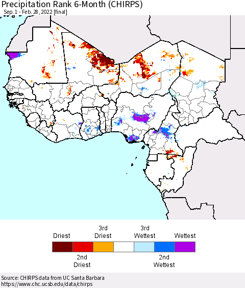 Western Africa Precipitation Rank since 1981, 6-Month (CHIRPS) Thematic Map For 9/1/2021 - 2/28/2022
