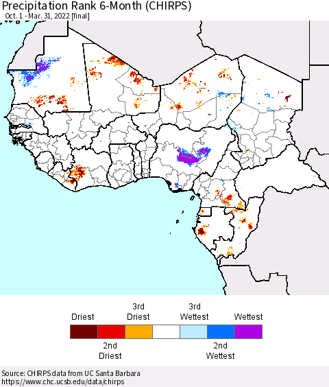 Western Africa Precipitation Rank since 1981, 6-Month (CHIRPS) Thematic Map For 10/1/2021 - 3/31/2022