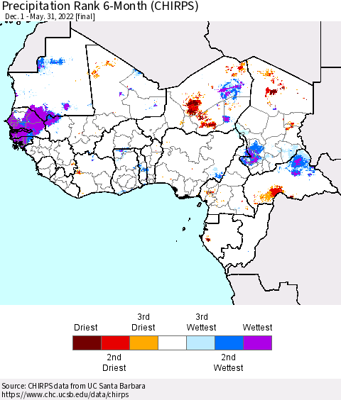 Western Africa Precipitation Rank since 1981, 6-Month (CHIRPS) Thematic Map For 12/1/2021 - 5/31/2022