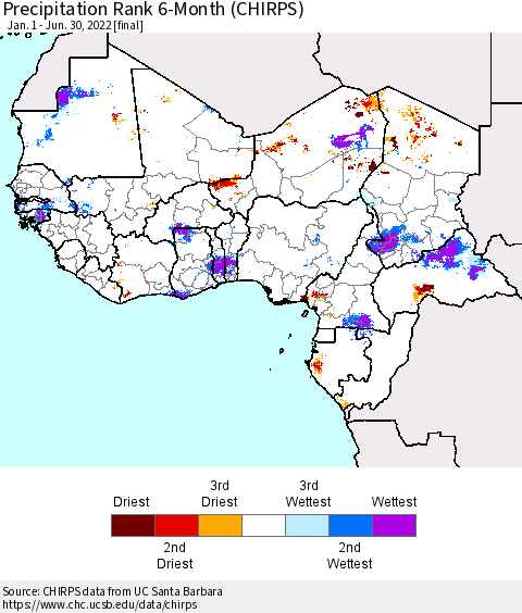 Western Africa Precipitation Rank since 1981, 6-Month (CHIRPS) Thematic Map For 1/1/2022 - 6/30/2022