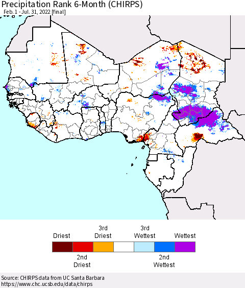 Western Africa Precipitation Rank since 1981, 6-Month (CHIRPS) Thematic Map For 2/1/2022 - 7/31/2022
