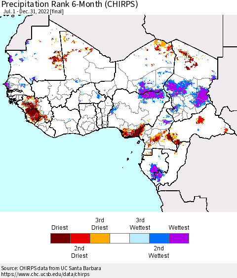 Western Africa Precipitation Rank since 1981, 6-Month (CHIRPS) Thematic Map For 7/1/2022 - 12/31/2022