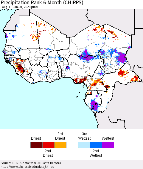 Western Africa Precipitation Rank since 1981, 6-Month (CHIRPS) Thematic Map For 8/1/2022 - 1/31/2023