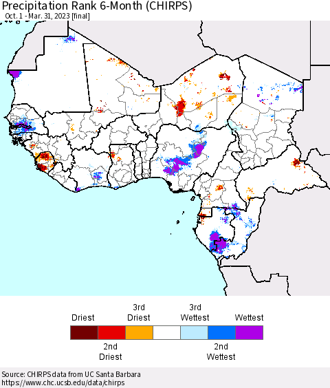 Western Africa Precipitation Rank since 1981, 6-Month (CHIRPS) Thematic Map For 10/1/2022 - 3/31/2023