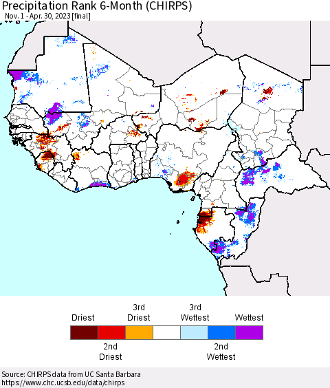 Western Africa Precipitation Rank since 1981, 6-Month (CHIRPS) Thematic Map For 11/1/2022 - 4/30/2023