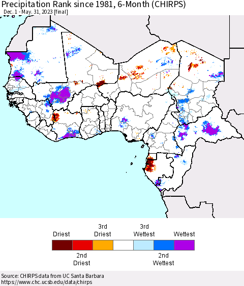 Western Africa Precipitation Rank since 1981, 6-Month (CHIRPS) Thematic Map For 12/1/2022 - 5/31/2023