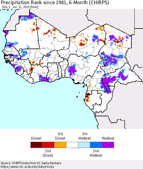 Western Africa Precipitation Rank since 1981, 6-Month (CHIRPS) Thematic Map For 2/1/2023 - 7/31/2023