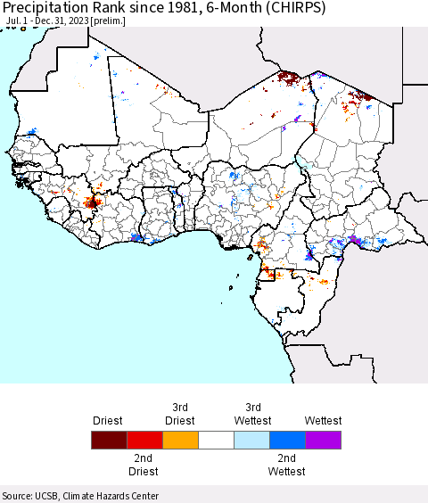 Western Africa Precipitation Rank since 1981, 6-Month (CHIRPS) Thematic Map For 7/1/2023 - 12/31/2023