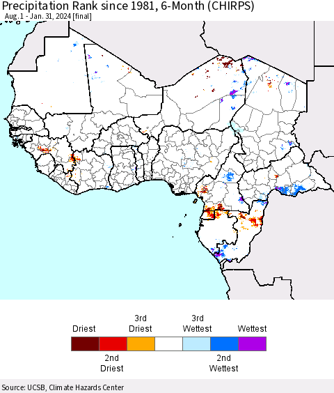 Western Africa Precipitation Rank since 1981, 6-Month (CHIRPS) Thematic Map For 8/1/2023 - 1/31/2024