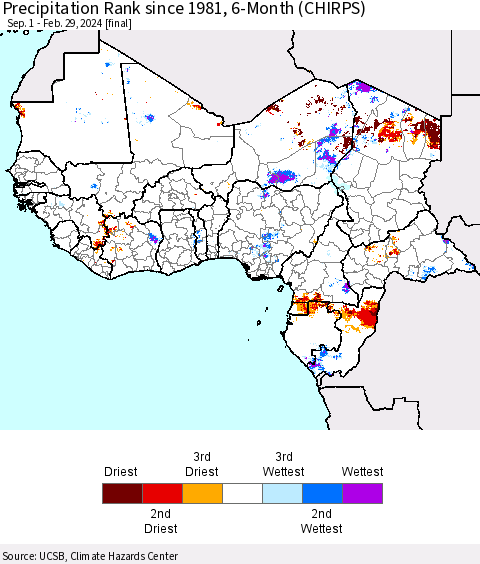 Western Africa Precipitation Rank since 1981, 6-Month (CHIRPS) Thematic Map For 9/1/2023 - 2/29/2024