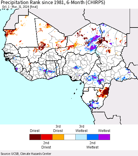 Western Africa Precipitation Rank since 1981, 6-Month (CHIRPS) Thematic Map For 10/1/2023 - 3/31/2024